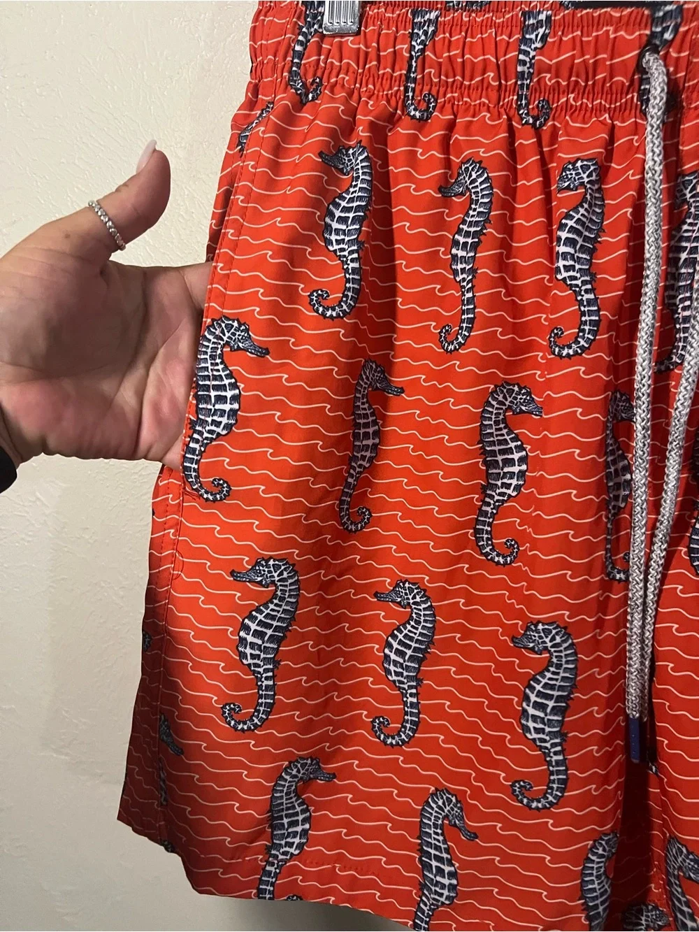 Men’s RAINFOREST Red Swim Shorts with Navy Seahorse Print Size Small